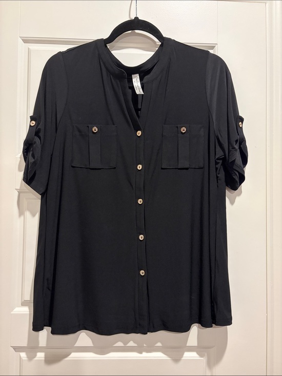PerSeption Concept Tops - PerSeption Concept Black Button-Front Short Sleeve Shirt with Patch Pockets